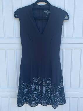 Needle & Thread Women's Border Floral Mini Dress Black Embellished V-Neck- 2